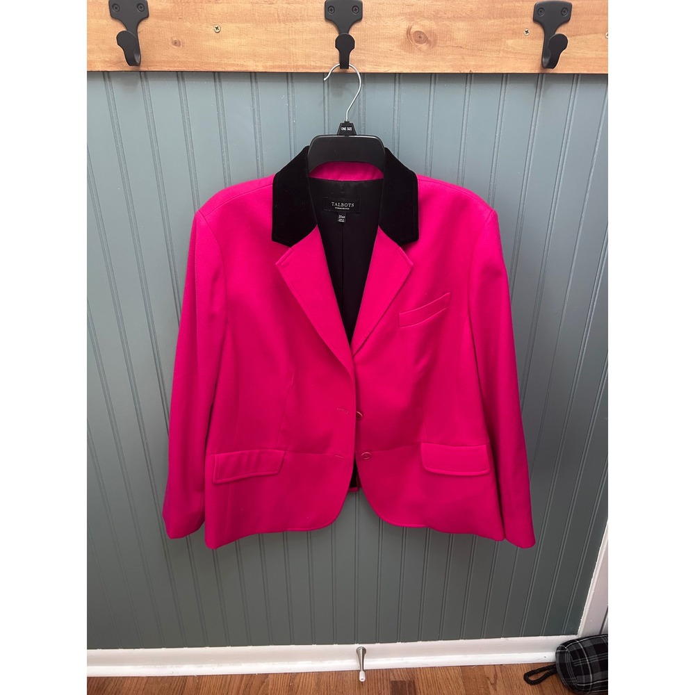 Talbots Hot Pink Wool Blazer Black Velvet Collar Plus Size 20WP 3 Button Jacket